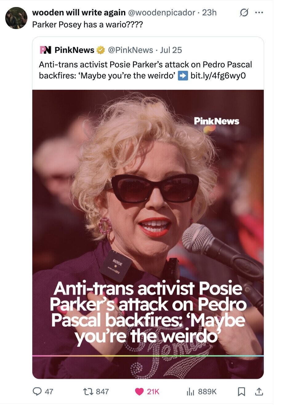 0 ... wooden will write again @woodenpicador. 23h Parker Posey has a wario???? PN PinkNews @PinkNews Jul 25 Anti-trans activist Posie Parker's attack on Pedro Pascal backfires: 'Maybe you're the weirdo' bit.ly/4fg6wy0 PinkNews RODE WINELESS Anti-trans activist Posie Parker's attack on Pedro Pascal you're backfires: weirdo 'Maybe 47 847 21K 889K