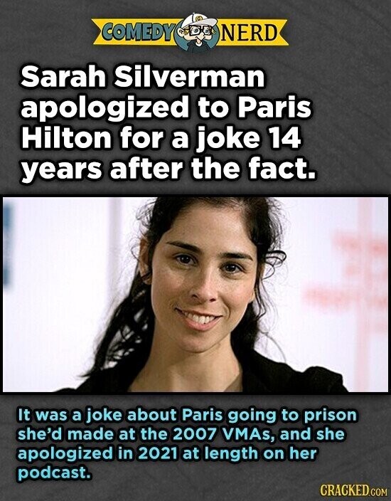 COMEDY NERD Sarah Silverman apologized to Paris Hilton for a joke 14 years after the fact. It was a joke about Paris going to prison she'd made at the 2007 VMAs, and she apologized in 2021 at length on her podcast. CRACKED.COM