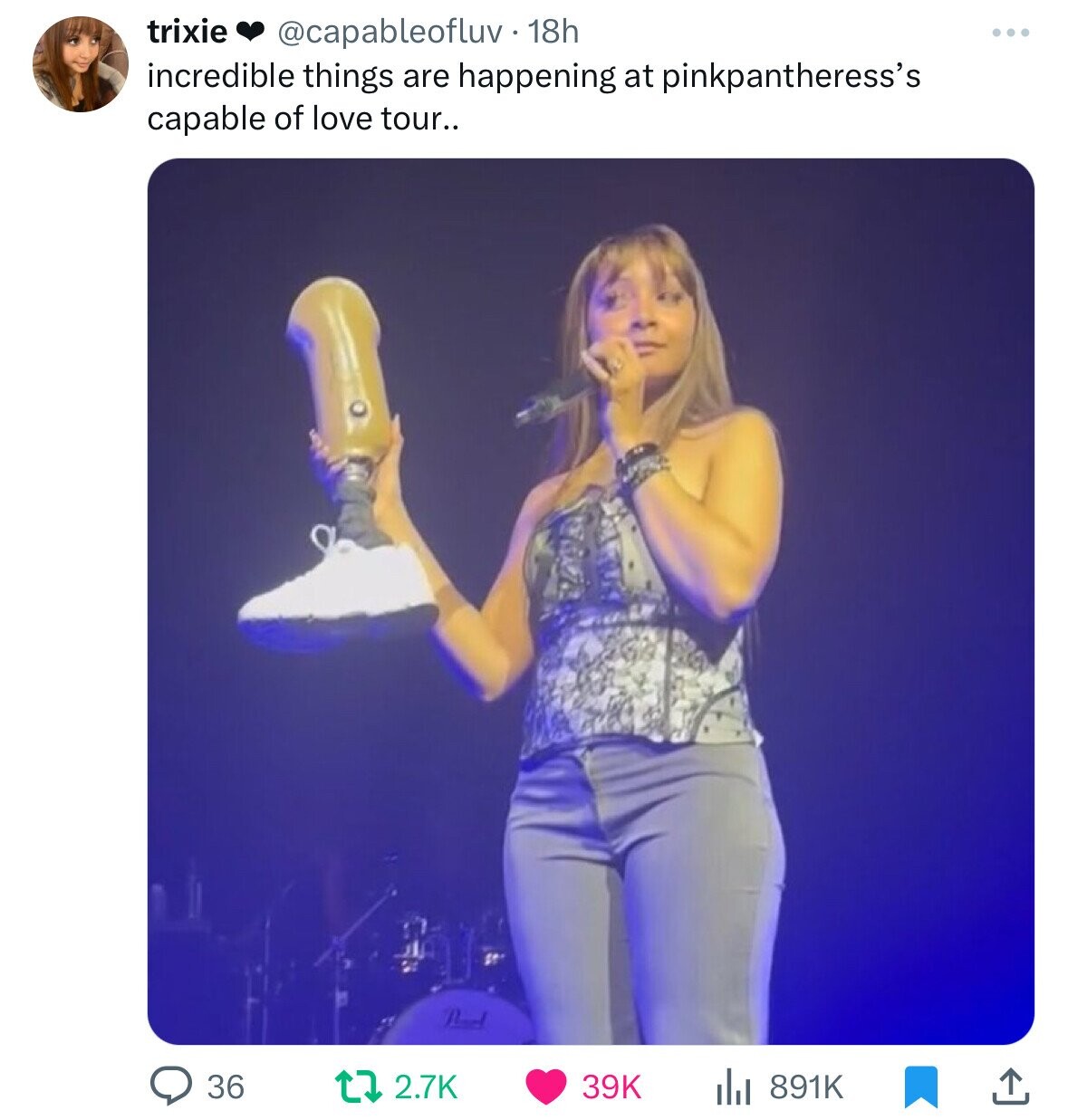 trixie @capableofluv. 18h incredible things are happening at pinkpantheress's capable of love tour.. 36 2.7K 39K 891K
