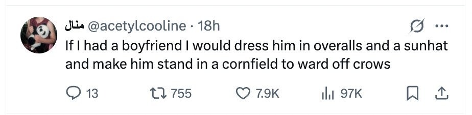 18h @acetylcooline منال ... If I had a boyfriend I would dress him in overalls and a sunhat and make him stand in a cornfield to ward off crows 13 755 7.9K 97K