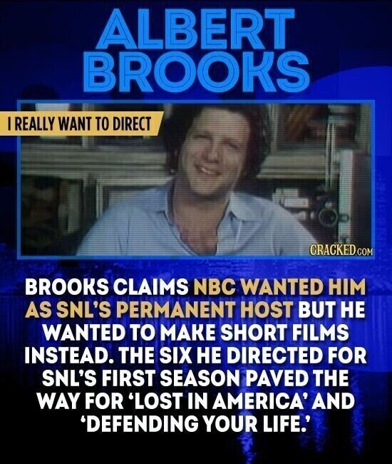 ALBERT BROOKS I REALLY WANT TO DIRECT CRACKED.COM BROOKS CLAIMS NBC WANTED HIM AS SNL'S PERMANENT HOST BUT НЕ WANTED TO MAKE SHORT FILMS INSTEAD. THE SIX НЕ DIRECTED FOR SNL'S FIRST SEASON PAVED THE WAY FOR 'LOST IN AMERICA' AND 'DEFENDING YOUR LIFE.'
