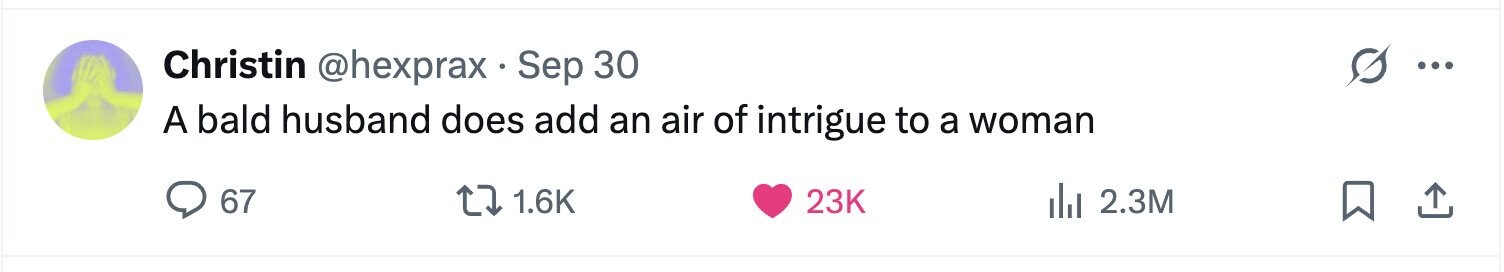 Christin @hexprax.Sep 30 ... A bald husband does add an air of intrigue to a woman 67 1.6K 23K del 2.3M 