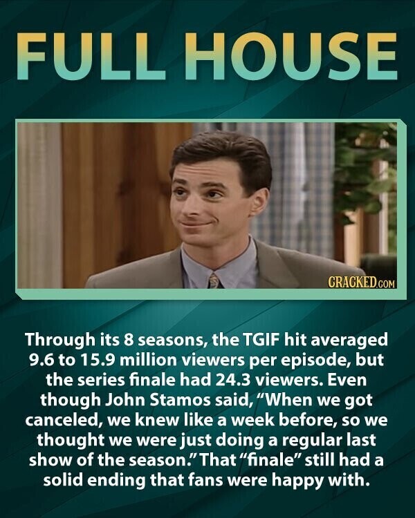 FULL HOUSE CRACKED.COM Through its 8 seasons, the TGIF hit averaged 9.6 to 15.9 million viewers per episode, but the series finale had 24.3 viewers. Even though John Stamos said, When we got canceled, we knew like a week before, so we thought we were just doing a regular last show of the season.That finale still had a solid ending that fans were happy with.