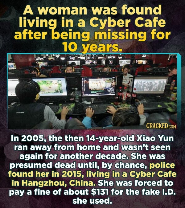 A woman was found living in a Cyber Cafe after being missing for 10 years. CRACKED.co In 2005, the then 14-year-old Xiao Yun ran away from home and wasn't seen again for another decade. She was presumed dead until, by chance, police found her in 2015, living in a Cyber Cafe in Hangzhou, China. She was forced to pay a fine of about $131 for the fake I.D. she used.