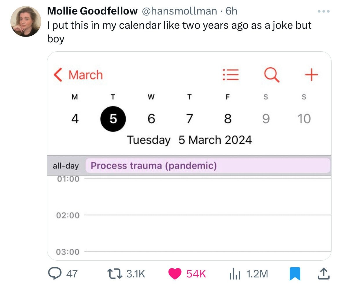 Mollie Goodfellow @hansmollman 6h I put this in my calendar like two years ago as a joke but boy < March a + M T W T F S S 4 5 6 7 8 9 10 Tuesday 5 March 2024 all-day Process trauma (pandemic) 01:00 02:00 03:00 47 3.1K 54K 1.2M