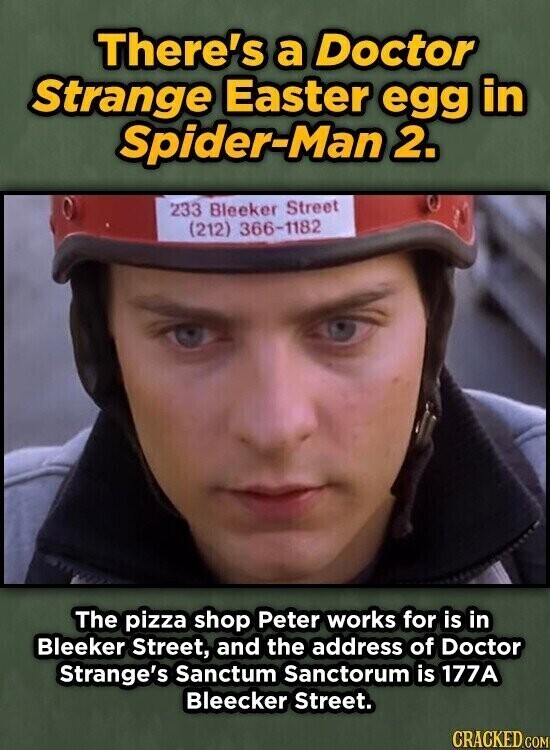 There's a Doctor Strange Easter egg in Spider-Man 2. 233 Bleeker Street (212) 366-1182 The pizza shop Peter works for is in Bleeker Street, and the address of Doctor Strange's Sanctum Sanctorum is 177A Bleecker Street. CRACKED.COM