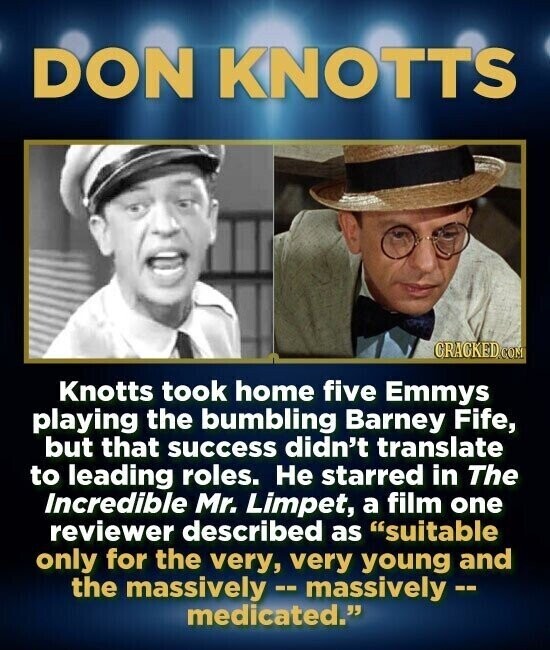 DON KNOTTS CRACKED.COM Knotts took home five Emmys playing the bumbling Barney Fife, but that success didn't translate to leading roles. Не starred in The Incredible Mr. Limpet, a film one reviewer described as suitable only for the very, very young and the massively -- massively -- medicated.