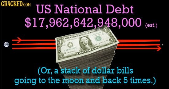 CRACKED.COM US National Debt $17,962,642,948,000 AMES (est.) the ITEM : EMIER THE 12 1. 12 L 48088285 . 12 - 1 ONE DOLLAH (Or, a stack of dollar bills going to the moon and back 5 times.)