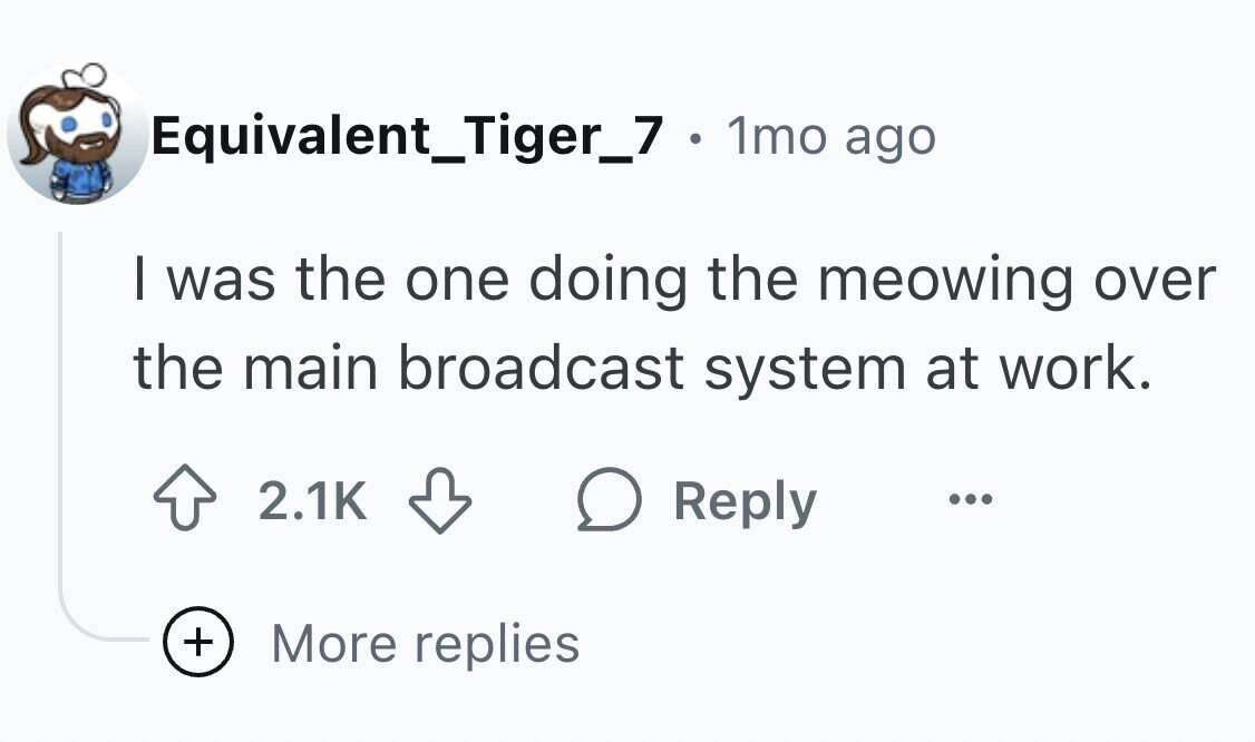 Equivalent_Tiger_7 . 1mo ago I was the one doing the meowing over the main broadcast system at work. 2.1K Reply ... + More replies