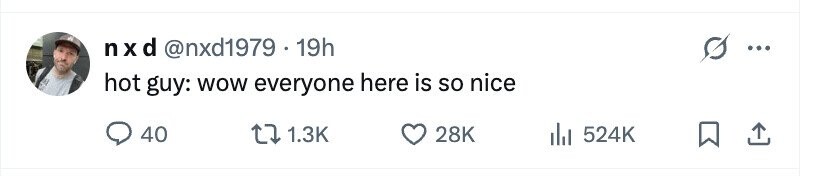 nxd @nxd1979 . 1 19h hot guy: wow everyone here is so nice 40 1.3K 28K 524K