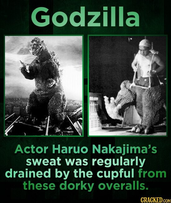 Godzilla Actor Haruo Nakajima's sweat was regularly drained by the cupful from these dorky overalls. CRACKED.COM