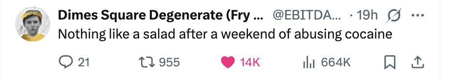 Dimes Square Degenerate (Fry... @EBITDA... 19h ... Nothing like a salad after a weekend of abusing cocaine 21 955 14K del 664K