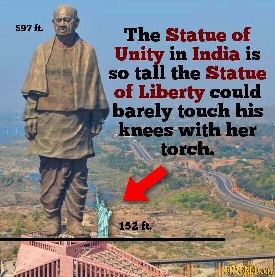 597 ft. The Statue of Unity in India is so tall the Statue of Liberty could barely touch his knees with her torch. 152 ft. CRACKED.COM