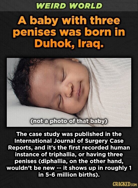 WEIRD WORLD A baby with three penises was born in Duhok, Iraq. (not a photo of that baby) The case study was published in the International Journal of Surgery Case Reports, and it's the first recorded human instance of triphallia, or having three penises (diphallia, on the other hand, wouldn't be new -- it shows up in roughly 1 in 5-6 million births). CRACKED.COM