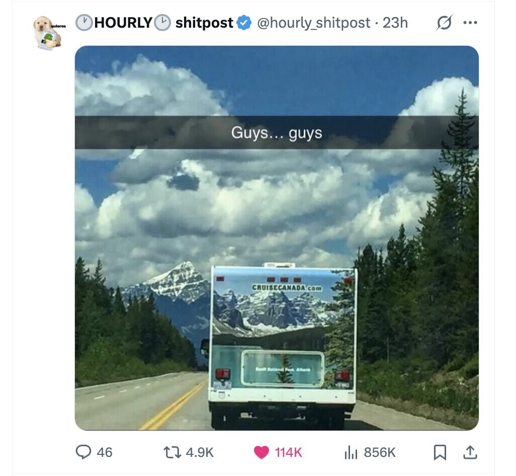 V HOURLY L quieres @hourty_shitpost.23h G ... shitpost Guys... guys CRUISECANADA com Goall National Pack Allena 46 4.9K 114K 856K