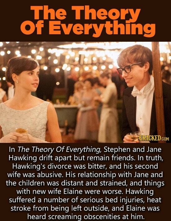 ThE Theory Of Everything CRACKEDc COM In The Theory Of Everything, Stephen and Jane Hawking drift apart but remain friends. In truth, Hawking's divorce was bitter, and his second wife was abusive. His relationship with Jane and the children was distant and strained, and things with new wife Elaine were