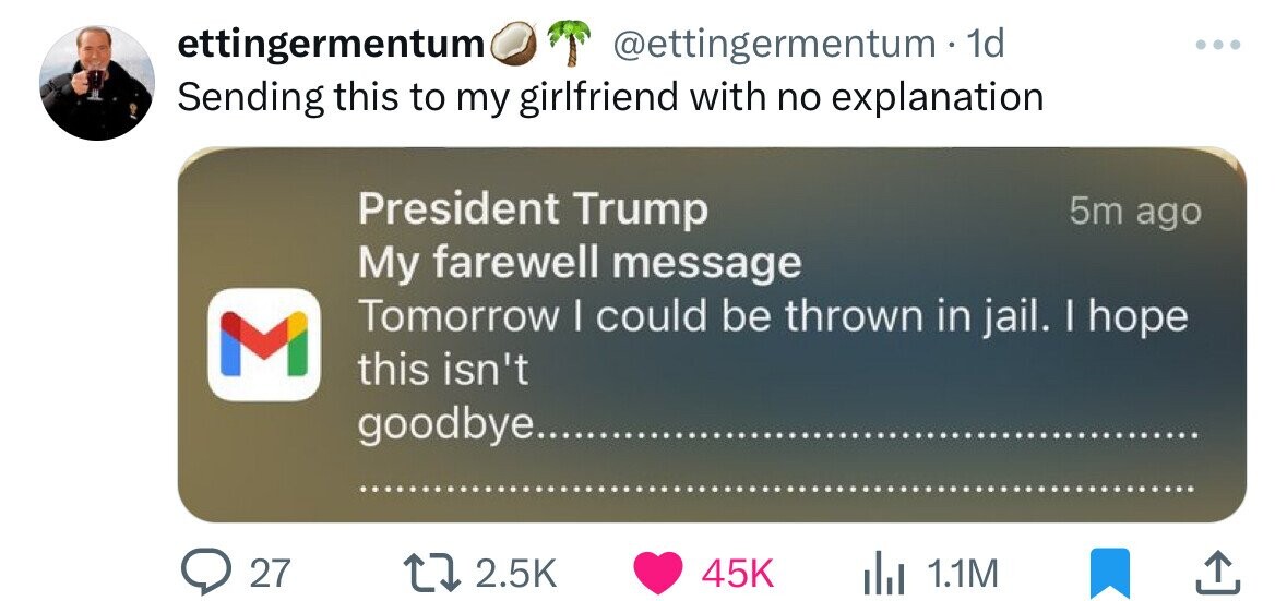 ettingermentum @ettingermentum - 1d Sending this to my girlfriend with no explanation President Trump 5m ago My farewell message Tomorrow | could be thrown in jail. I hope M this isn't goodbye 27 2.5K 45K del 1.1M 