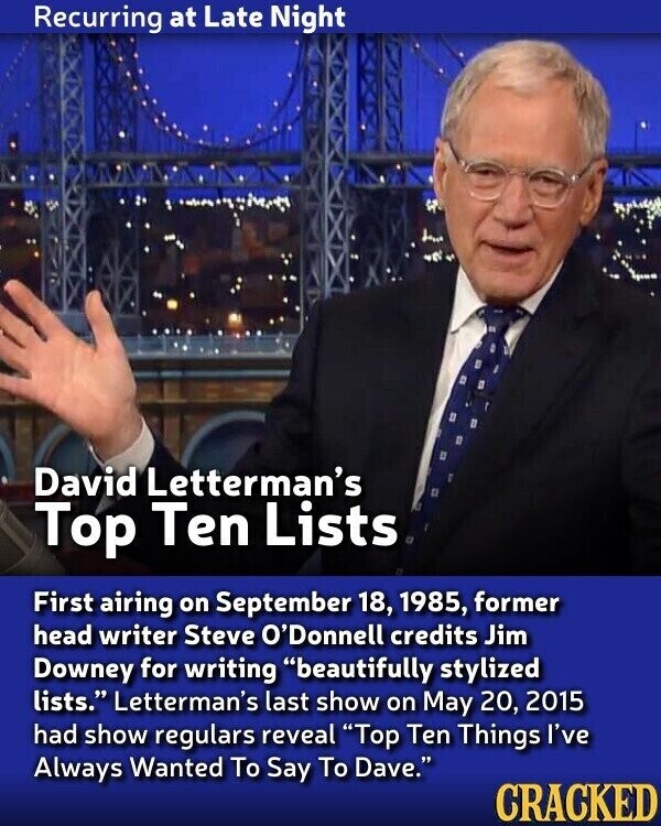 Recurring at Late Night David Letterman's Top Ten Lists First airing on September 18, 1985, former head writer Steve O'Donnell credits Jim Downey for writing beautifully stylized lists. Letterman's last show on May 20, 2015 had show regulars reveal Top Ten Things I've Always Wanted To Say To Dave. CRACKED