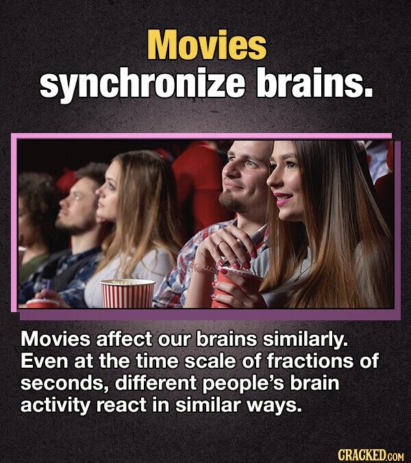 Movies synchronize brains. Movies affect our brains similarly. Even at the time scale of fractions of seconds, different people's brain activity react in similar ways. CRACKED.COM