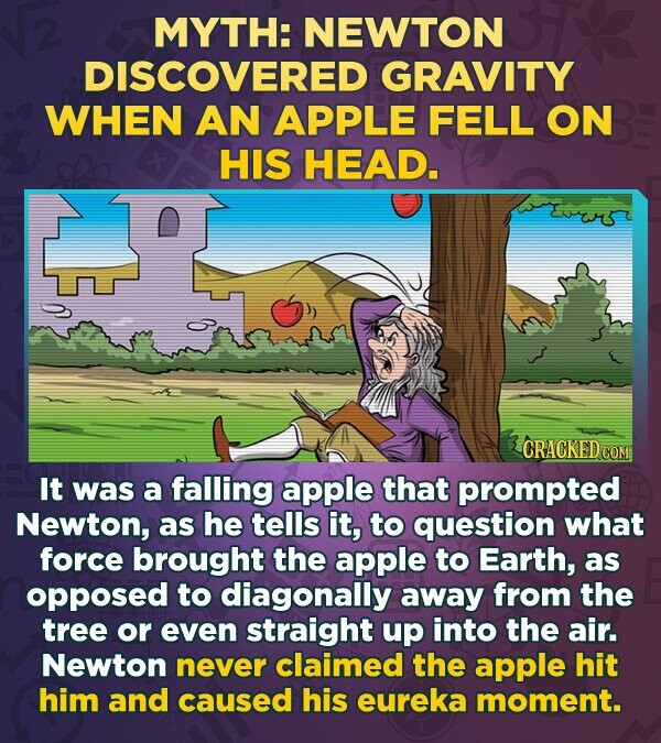 MYTH: NEWTON DISCOVERED GRAVITY WHEN AN APPLE FELL ON HIS HEAD. CRACKED It was a falling apple that prompted Newton, as he tells it, to question what force brought the apple to Earth, as opposed to diagonally away from the tree or even straight up into the air. Newton never claimed the apple hit him and caused his eureka moment.