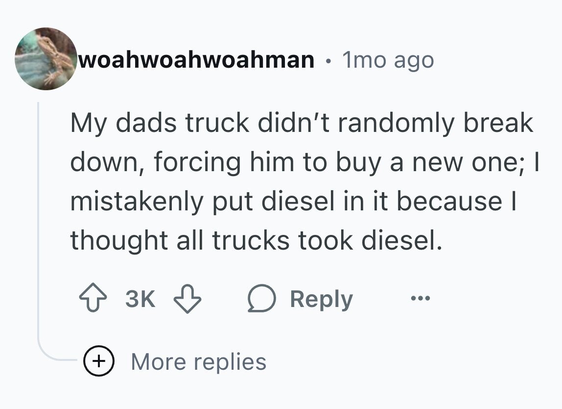 woahwoahwoahman 1mo ago My dads truck didn't randomly break down, forcing him to buy a new one; I mistakenly put diesel in it because I thought all trucks took diesel. 3K Reply ... + More replies