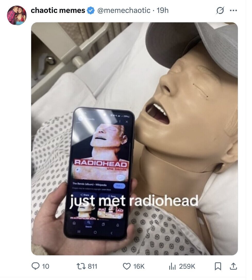 chaotic memes @memechaotic 19h O ... ... 29% x RADIOHEAD the bends The Bends (album) - Wikipedia Visit just < Share met More D Save EAD radiohead Images - DE - Learn RAI BARIQUE Q Search III 10 811 16K 259K