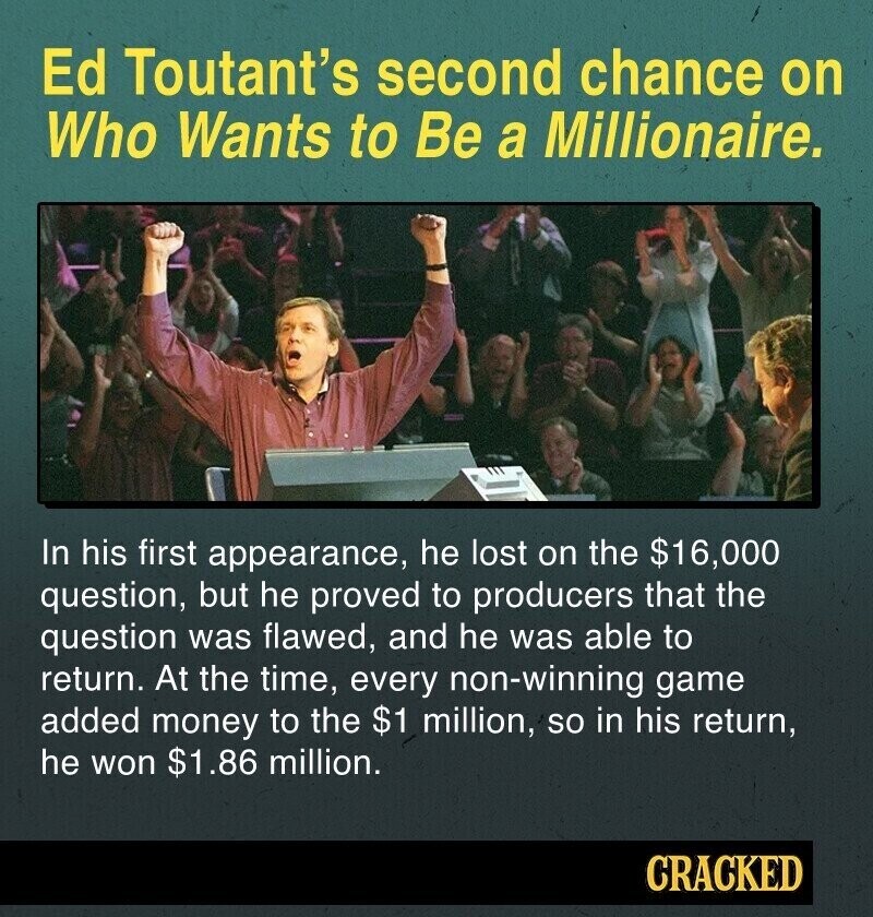 Ed Toutant's second chance on Who Wants to Be a Millionaire. In his first appearance, he lost on the $16,000 question, but he proved to producers that the question was flawed, and he was able to return. At the time, every non-winning game added money to the $1 million, so in his return, he won $1.86 million. CRACKED