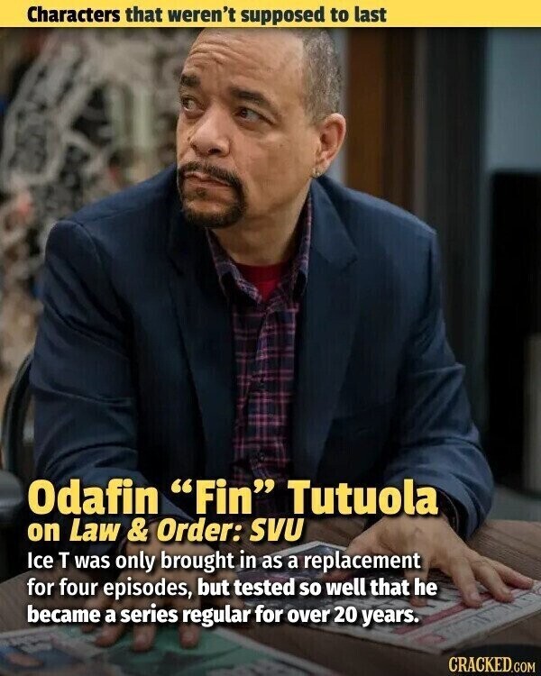 Characters that weren't supposed to last Odafin Fin Tutuola on Law & Order: SVU Ice T was only brought in as a replacement for four episodes, but tested so well that he became a series regular for over 20 years. CRACKED.COM