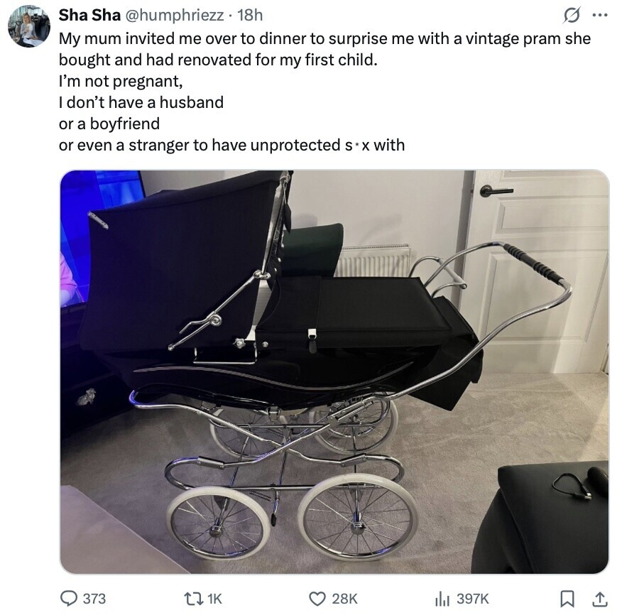 Sha Sha @humphriezz 18h s ... My mum invited me over to dinner to surprise me with a vintage pram she bought and had renovated for my first child. I'm not pregnant, I don't have a husband or a boyfriend or even a stranger to have unprotected S *X with 373 1K 28K 397K 