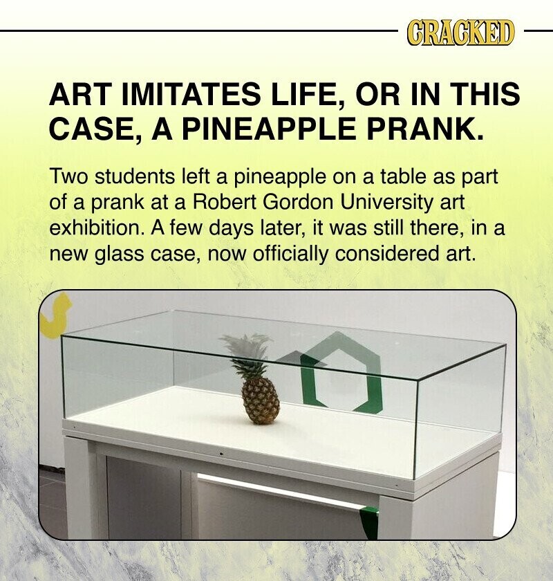 CRACKED ART IMITATES LIFE, OR IN THIS CASE, A PINEAPPLE PRANK. Two students left a pineapple on a table as part of a prank at a Robert Gordon University art exhibition. A few days later, it was still there, in a new glass case, now officially considered art.