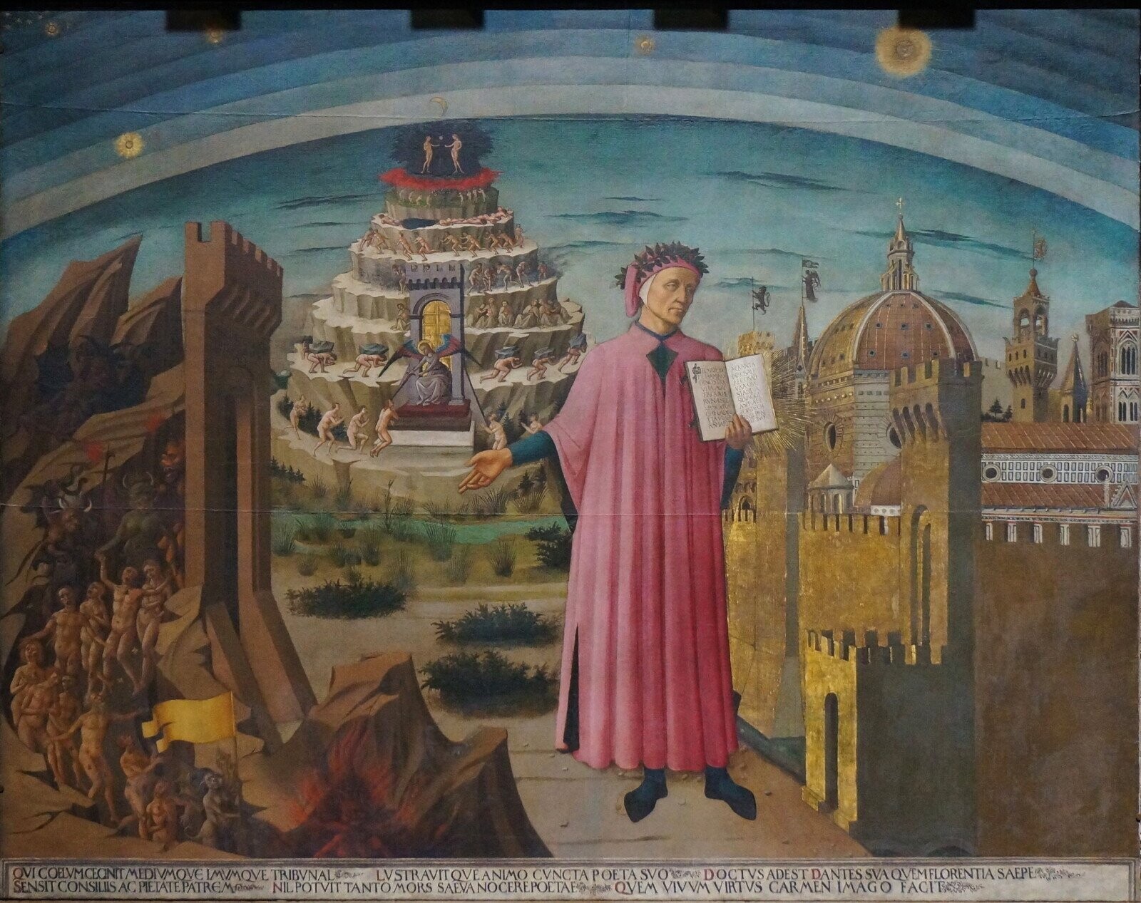 QVICOELVMCECINITMEDIVMQVE IMVMOVE TRIBVNAL Cour LVSTRAVIT OVEANIMO CVNCTA P OETA SVOWAY DOCTVS ADE ST DANTES SVA QVEMFLORENTIA SAEPE SENSIT CONSILIIS AC NILPOTVIT TANTO MORS SALVA QVEM VIVVM VIRTVS CARMEN IMAG O FACI TICKEN