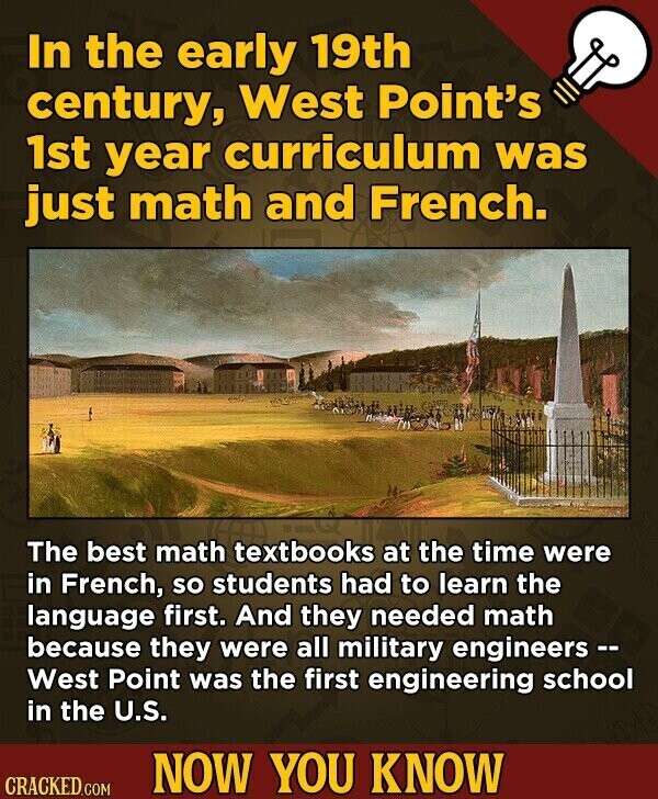 In the early 19th century, West Point's 1st year curriculum was just math and French. The best math textbooks at the time were in French, so students had to learn the language first. And they needed math because they were all military engineers -- West Point was the first engineering school in the U.S. NOW YOU KNOW CRACKED.COM