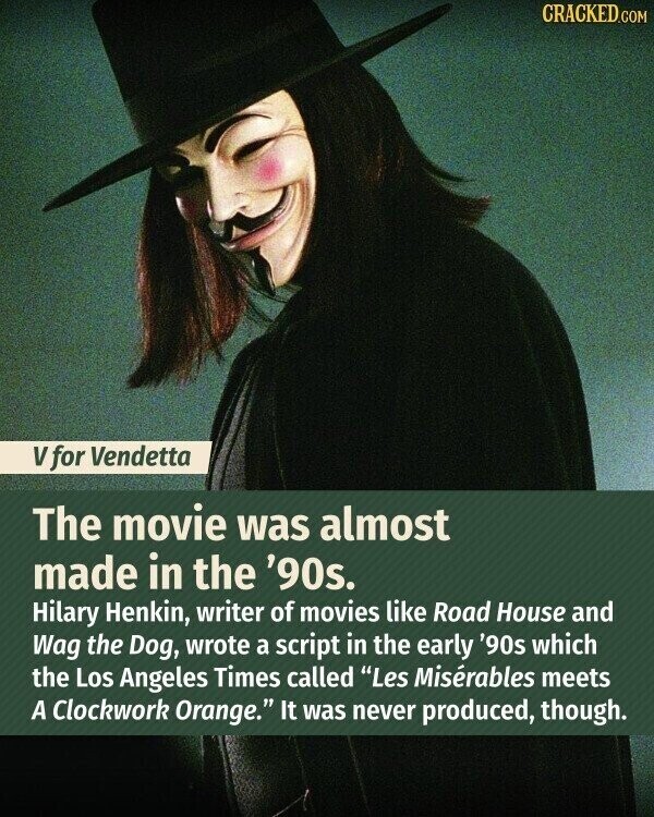 CRACKED.COM V for Vendetta The movie was almost made in the '90s. Hilary Henkin, writer of movies like Road House and Wag the Dog, wrote a script in the early '90s which the Los Angeles Times called Les Misérables meets A Clockwork Orange. It was never produced, though.