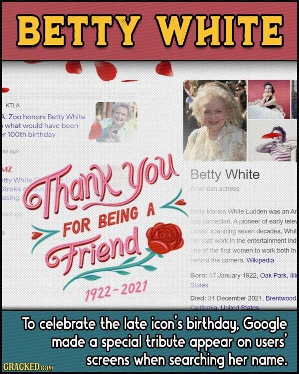 BETTY WHITE KTLA А. Zoo honors Betty White what would have been r 100th birthday ay ago MZ Betty White etty Stroke ssing White Thank You American actress Betty Marion White Ludden was an Ar out ocal 2020 comedian. A ploneer of early telev FOR BEING A spanning seven decades, Whit 2001 vast work In the entertainment ind Friend use of the first women to work both in behind the camera. Wikipedia Born: 17 January 1922, Oak Park, Illi States 1922-2021 Died: 31 December 2021, Brentwood California United States To celebrate the late icon's birthday, Google made a special tribute