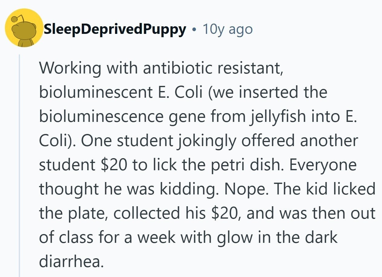 SleepDeprivedPuppy 10y ago Working with antibiotic resistant, bioluminescent Е. Coli (we inserted the bioluminescence gene from jellyfish into E. Coli). One student jokingly offered another student $20 to lick the petri dish. Everyone thought he was kidding. Nope. The kid licked the plate, collected his $20, and was then out of class for a week with glow in the dark diarrhea.