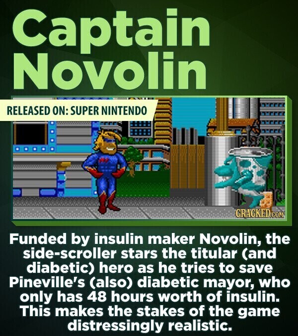 Captain Novolin RELEASED ON: SUPER NINTENDO CRACKED.COM Funded by insulin maker Novolin, the side-scroller stars the titular (and diabetic) hero as he tries to save Pineville's (also) diabetic mayor, who only has 48 hours worth of insulin. This makes the stakes of the game distressingly realistic.