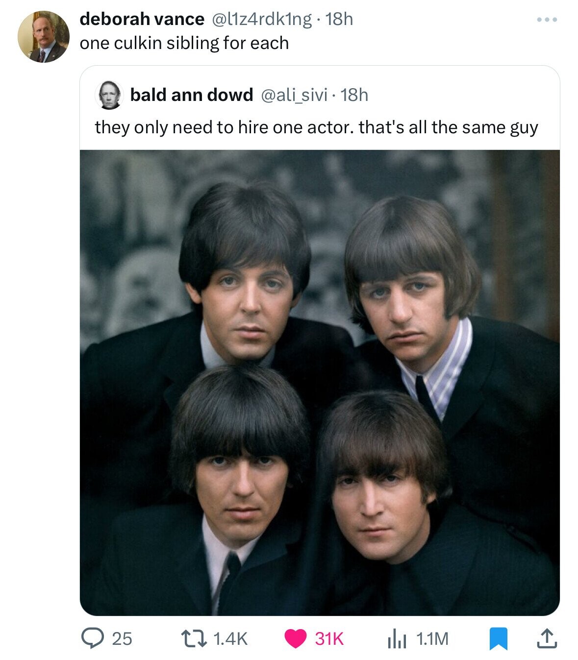 deborah vance @l1z4rdk1ng.1 18h one culkin sibling for each bald ann dowd @ali_sivi • 18h they only need to hire one actor. that's all the same guy 25 31K 1.4K 1.1M