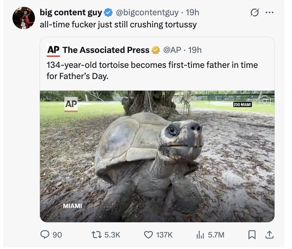 big content guy @bigcontentguy. 19h ... all-time fucker just still crushing tortussy AP The Associated Press @AP . 19h 134-year-old tortoise becomes first-time father in time for Father's Day. AP ZOO MIAMI MIAMI 90 5.3K 137K del 5.7M