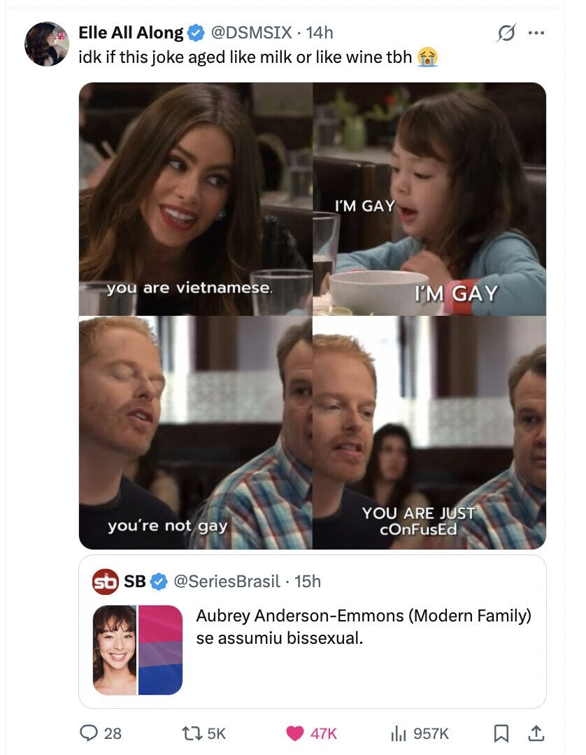 Elle All Along @DSMSIX 14h s ... idk if this joke aged like milk or like wine tbh I'M GAY you are vietnamese. I'M GAY YOU ARE JUST you're not gay cOnFusEd sb SB @SeriesBrasil 15h Aubrey Anderson-Emmons (Modern Family) se assumiu bissexual. 28 5K 47K 957K