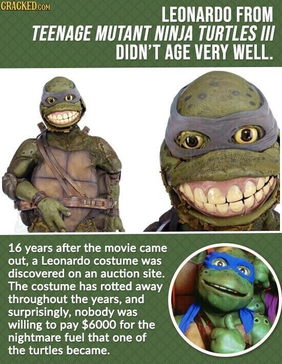 CRACKED COM LEONARDO FROM TEENAGE MUTANT NINJA TURTLES III DIDN'T AGE VERY WELL. 16 years after the movie came out, a Leonardo costume was discovered on an auction site. The costume has rotted away throughout the years, and surprisingly, nobody was willing to pay $6000 for the nightmare fuel that one of the turtles became.