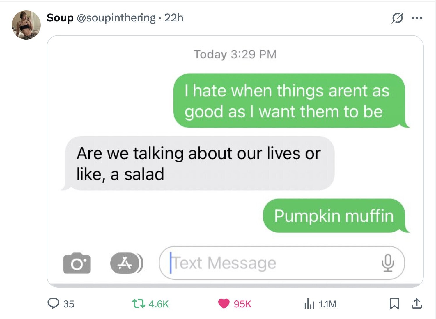 Soup @soupinthering 22h ... Today 3:29 PM | hate when things arent as good as | want them to be Are we talking about our lives or like, a salad Pumpkin muffin A Text Message 35 95K 4.6K del 1.1M 
