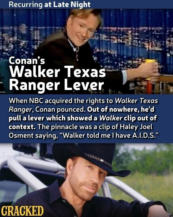 Recurring at Late Night Conan's Walker Texas Ranger Lever When NBC acquired the rights to Walker Texas Ranger, Conan pounced. Out of nowhere, he'd pull a lever which showed a Walker clip out of context. The pinnacle was a clip of Haley Joel Osment saying, Walker told me I have A.I.D.S. CRACKED