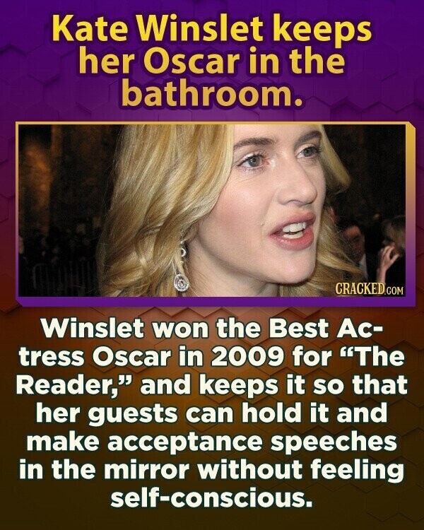Kate Winslet keeps her Oscar in the bathroom. CRACKED.COM Winslet won the Best Ac- tress Oscar in 2009 for The Reader, and keeps it so that her guests can hold it and make acceptance speeches in the mirror without feeling self-conscious.