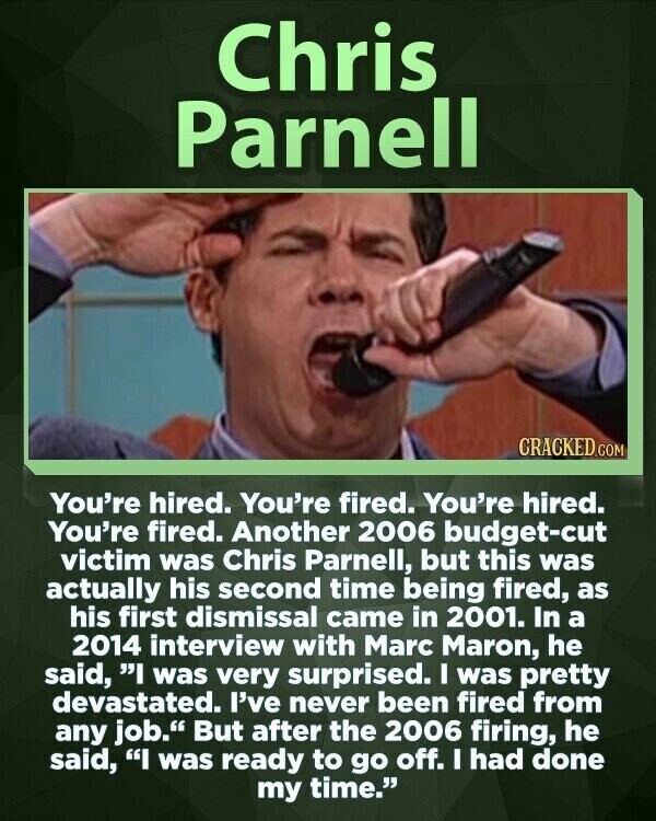 Chris Parnell CRACKED.COM You're hired. You're fired. You're hired. You're fired. Another 2006 budget-cut victim was Chris Parnell, but this was actually his second time being fired, as his first dismissal came in 2001. In a 2014 interview with Marc Maron, he said, I was very surprised. I was pretty devastated. I've never been fired from any job. But after the 2006 firing, he said, I was ready to go off. I had done my time.