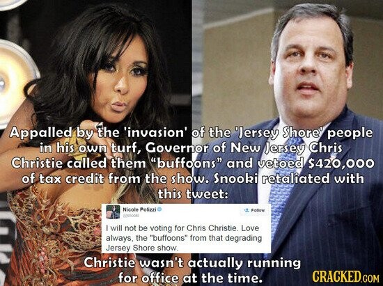 Appalled by the 'invasion' of the 'Jersey Shore' people in his own turf, Governor of New Jersey Chris Christie called them buffoons and vetoed $420,000 of tax credit from the show. Snooki retaliated with this tweet: Nicole Polizzi Follow c2snook will not be voting for Chris Christie. Love always, the buffoons from that degrading Jersey Shore show. Christie wasn't actually running for office at the time. CRACKED.COM