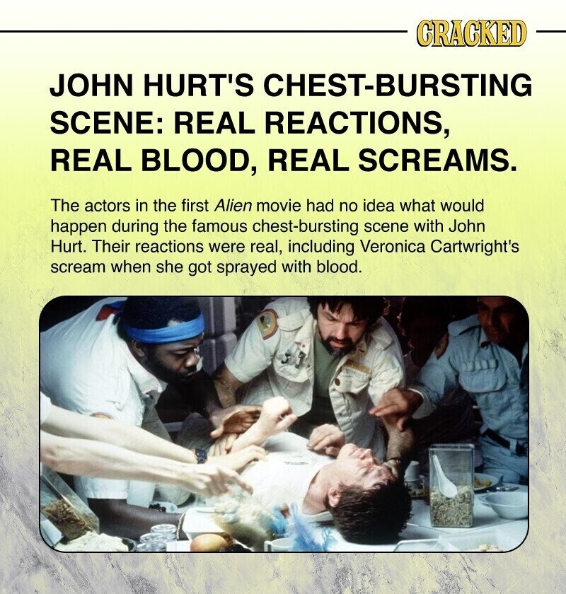 CRACKED JOHN HURT'S CHEST-BURSTING SCENE: REAL REACTIONS, REAL BLOOD, REAL SCREAMS. The actors in the first Alien movie had no idea what would happen during the famous chest-bursting scene with John Hurt. Their reactions were real, including Veronica Cartwright's scream when she got sprayed with blood.