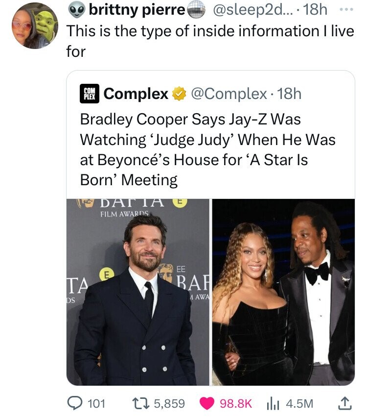 brittny pierre @sleep2d... 18h ... This is the type of inside information I live for COM PLEX Complex @Complex 18h Bradley Cooper Says Jay-Z Was Watching 'Judge Judy' When Не Was at Beyoncé's House for 'A Star Is Born' Meeting DATTA E FILM AWARDS ЕЕ E BA TA A AWA DS 101 5,859 98.8K 4.5M