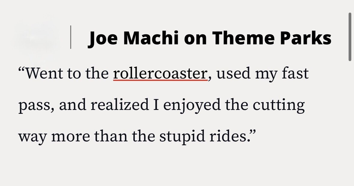 Joe Machi on Theme Parks Went to the rollercoaster, used my fast pass, and realized I enjoyed the cutting way more than the stupid rides.
