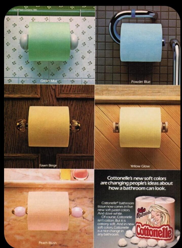 Green Mist Powder Blue Fawn Beige Yellow Glow Cottonelle's new soft colors are changing people's ideas about how a bathroom can look. Cottonelle bathroom tissue now comes in five new soft pastel colors And dove white. Não Of course, Cottonelle isn't cotton. But it is cottony soft And in new soft colors, Cottonelle is a nice change in any bathroom. Cottonelle Peach Blush