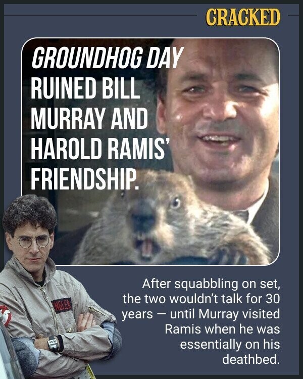 CRACKED GROUNDHOG DAY RUINED BILL MURRAY AND HAROLD RAMIS' FRIENDSHIP. After squabbling on set, the two wouldn't talk for 30 NGLER years - until Murray visited Ramis when he was - essentially on his deathbed.
